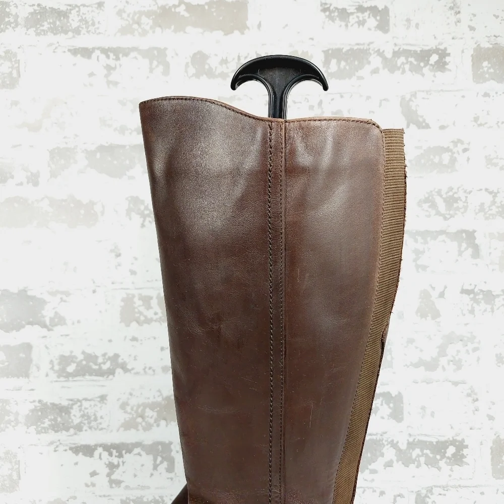 Blondo Valente Brown Leather Elastic Panel Buckle Detail Riding Boots H684